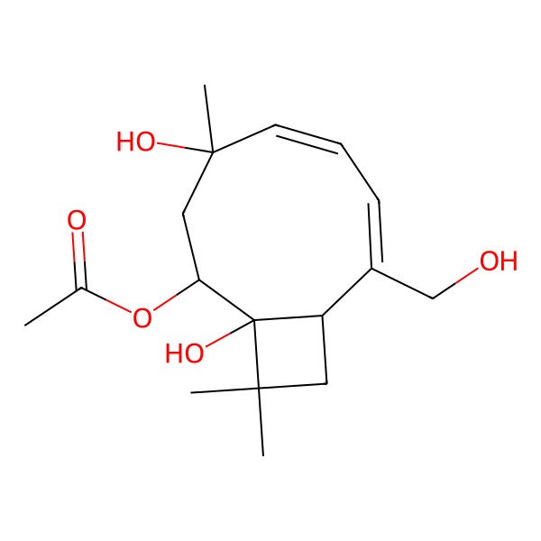 2D Structure of [1,4-Dihydroxy-8-(hydroxymethyl)-4,11,11-trimethyl-2-bicyclo[7.2.0]undeca-5,7-dienyl] acetate