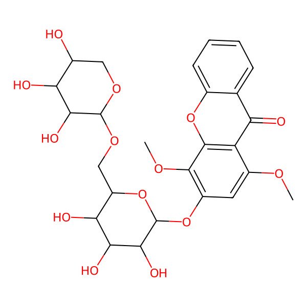 2D Structure of 1,4-Dimethoxy-3-[3,4,5-trihydroxy-6-[(3,4,5-trihydroxyoxan-2-yl)oxymethyl]oxan-2-yl]oxyxanthen-9-one
