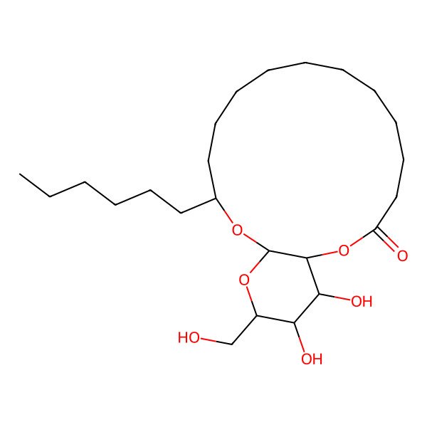 2D Structure of 14-Hexyl-19,20-dihydroxy-18-(hydroxymethyl)-2,15,17-trioxabicyclo[14.4.0]icosan-3-one