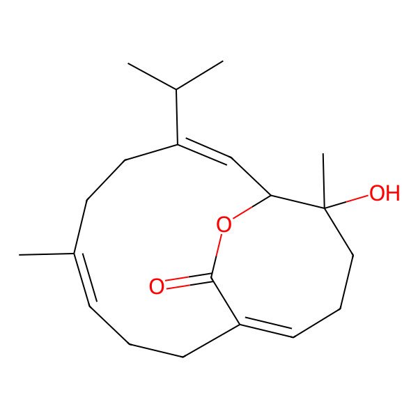 2D Structure of 14-Hydroxy-6,14-dimethyl-3-propan-2-yl-15-oxabicyclo[8.4.2]hexadeca-2,6,10-trien-16-one