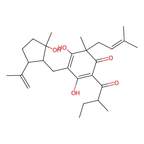 2D Structure of (6R)-3,5-dihydroxy-4-[[(1S,2R,5R)-2-hydroxy-2-methyl-5-prop-1-en-2-ylcyclopentyl]methyl]-6-methyl-2-[(2S)-2-methylbutanoyl]-6-(3-methylbut-2-enyl)cyclohexa-2,4-dien-1-one