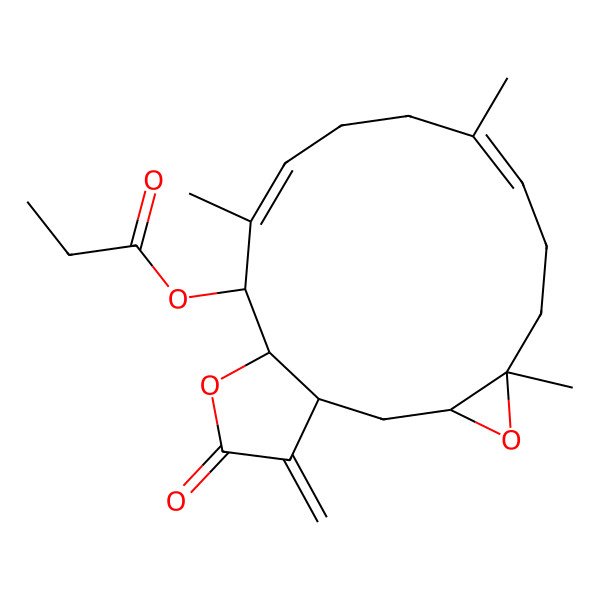 2D Structure of [(1R,3R,5R,8E,12E,14S,15R)-5,9,13-trimethyl-18-methylidene-17-oxo-4,16-dioxatricyclo[13.3.0.03,5]octadeca-8,12-dien-14-yl] propanoate