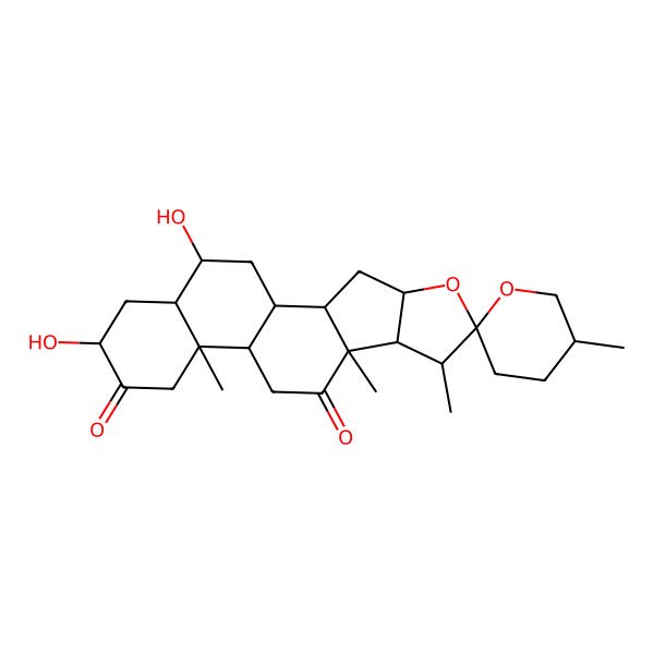 2D Structure of (1R,2S,4S,5'S,6R,7S,8R,9S,12S,13R,16R,18S,19R)-16,19-dihydroxy-5',7,9,13-tetramethylspiro[5-oxapentacyclo[10.8.0.02,9.04,8.013,18]icosane-6,2'-oxane]-10,15-dione