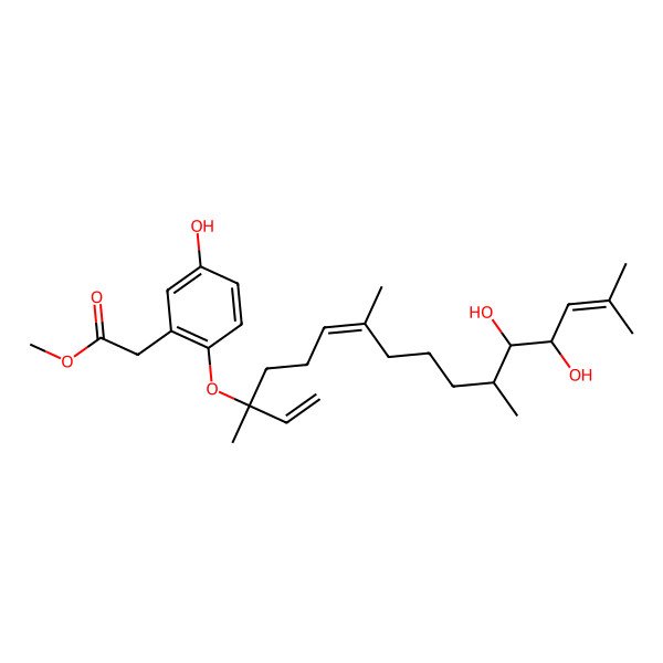 2D Structure of methyl 2-[2-[(3R,6E,11R,12S,13R)-12,13-dihydroxy-3,7,11,15-tetramethylhexadeca-1,6,14-trien-3-yl]oxy-5-hydroxyphenyl]acetate