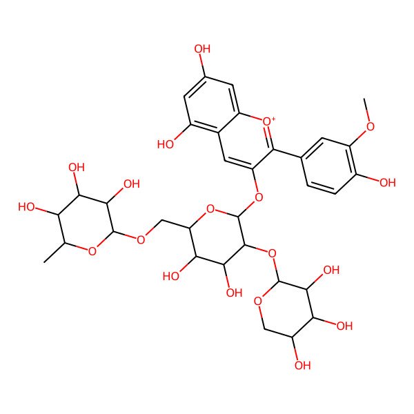 2D Structure of (2R,3S,4R,5R,6S)-2-[[(2R,3S,4S,5R,6S)-6-[5,7-dihydroxy-2-(4-hydroxy-3-methoxyphenyl)chromenylium-3-yl]oxy-3,4-dihydroxy-5-[(2S,3S,4S,5S)-3,4,5-trihydroxyoxan-2-yl]oxyoxan-2-yl]methoxy]-6-methyloxane-3,4,5-triol