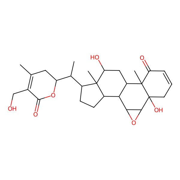 2D Structure of (1S,2S,4S,5R,10R,11S,13S,14R,15R,18S)-5,13-dihydroxy-15-[(1S)-1-[(2S)-5-(hydroxymethyl)-4-methyl-6-oxo-2,3-dihydropyran-2-yl]ethyl]-10,14-dimethyl-3-oxapentacyclo[9.7.0.02,4.05,10.014,18]octadec-7-en-9-one
