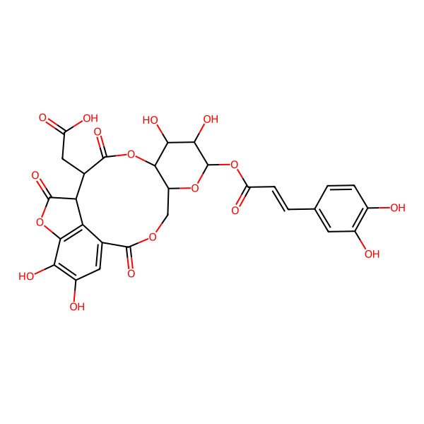 2D Structure of 2-[(5R,7S,8R,9R,10S)-7-[(E)-3-(3,4-dihydroxyphenyl)prop-2-enoyl]oxy-8,9,18,19-tetrahydroxy-2,12,15-trioxo-3,6,11,16-tetraoxatetracyclo[12.6.1.05,10.017,21]henicosa-1(20),17(21),18-trien-13-yl]acetic acid
