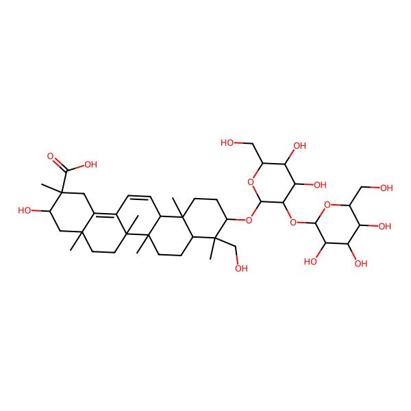 2D Structure of (2S,3R,4aS,6aR,6aS,6bR,8aR,9S,10S,12aS)-10-[(2R,3R,4S,5S,6R)-4,5-dihydroxy-6-(hydroxymethyl)-3-[(2S,3R,4S,5S,6R)-3,4,5-trihydroxy-6-(hydroxymethyl)oxan-2-yl]oxyoxan-2-yl]oxy-3-hydroxy-9-(hydroxymethyl)-2,4a,6a,6b,9,12a-hexamethyl-1,3,4,5,6,6a,7,8,8a,10,11,12-dodecahydropicene-2-carboxylic acid