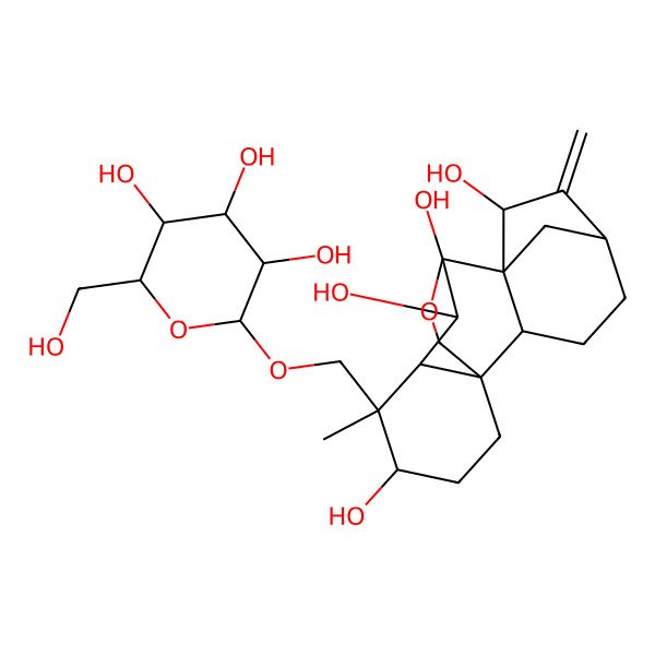 2D Structure of (1R,2S,5R,7R,8S,9S,10S,11S,12R,13S)-12-methyl-6-methylidene-12-[[(2R,3R,4S,5S,6R)-3,4,5-trihydroxy-6-(hydroxymethyl)oxan-2-yl]oxymethyl]-17-oxapentacyclo[7.6.2.15,8.01,11.02,8]octadecane-7,9,10,13-tetrol