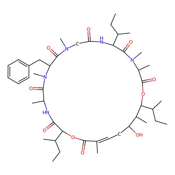 2D Structure of 12-Benzyl-6,18,26-tri(butan-2-yl)-24-hydroxy-3,4,10,13,15,21,25-heptamethyl-1,19-dioxa-4,7,10,13,16-pentazacyclohexacos-21-ene-2,5,8,11,14,17,20-heptone