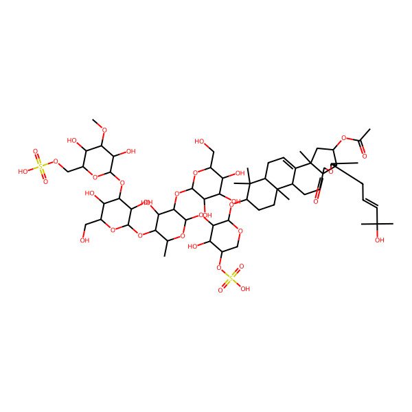2D Structure of [(2S,4S,5R,6S,9S,12S,13R,16S,18R)-16-[(2S,3R,4R,5R)-3-[(2S,3R,4S,5S,6R)-5-[(2S,3R,4S,5R,6R)-4-[(2S,3R,4S,5R,6R)-3,5-dihydroxy-4-methoxy-6-(sulfooxymethyl)oxan-2-yl]oxy-3,5-dihydroxy-6-(hydroxymethyl)oxan-2-yl]oxy-4-hydroxy-6-methyl-3-[(2S,3R,4S,5R,6R)-3,4,5-trihydroxy-6-(hydroxymethyl)oxan-2-yl]oxyoxan-2-yl]oxy-4-hydroxy-5-sulfooxyoxan-2-yl]oxy-6-[(E)-4-hydroxy-4-methylpent-2-enyl]-2,6,13,17,17-pentamethyl-8-oxo-7-oxapentacyclo[10.8.0.02,9.05,9.013,18]icos-1(20)-en-4-yl] acetate