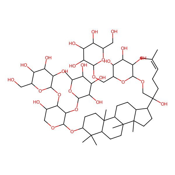 2D Structure of 2-[5-hydroxy-2-[[17-[2-hydroxy-6-methyl-1-[3,4,5-trihydroxy-6-[[3,4,5-trihydroxy-6-(hydroxymethyl)oxan-2-yl]oxymethyl]oxan-2-yl]oxyhept-5-en-2-yl]-4,4,8,10,14-pentamethyl-2,3,5,6,7,9,11,12,13,15,16,17-dodecahydro-1H-cyclopenta[a]phenanthren-3-yl]oxy]-4-[3,4,5-trihydroxy-6-(hydroxymethyl)oxan-2-yl]oxyoxan-3-yl]oxy-6-methyloxane-3,4,5-triol