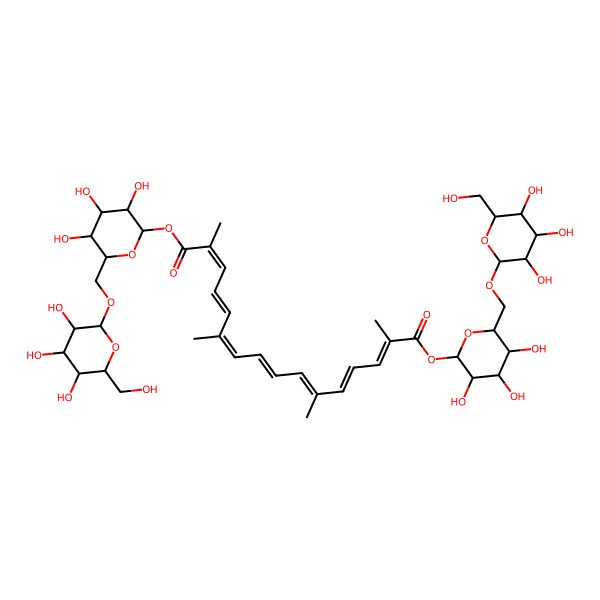 2D Structure of 1-O-[(2S,3R,4S,5S,6R)-3,4,5-trihydroxy-6-[[(2S,3S,4R,5R,6S)-3,4,5-trihydroxy-6-(hydroxymethyl)oxan-2-yl]oxymethyl]oxan-2-yl] 16-O-[(2R,3S,4R,5R,6S)-3,4,5-trihydroxy-6-[[(2S,3S,4R,5R,6S)-3,4,5-trihydroxy-6-(hydroxymethyl)oxan-2-yl]oxymethyl]oxan-2-yl] (2E,4E,6E,8E,10E,12E,14E)-2,6,11,15-tetramethylhexadeca-2,4,6,8,10,12,14-heptaenedioate