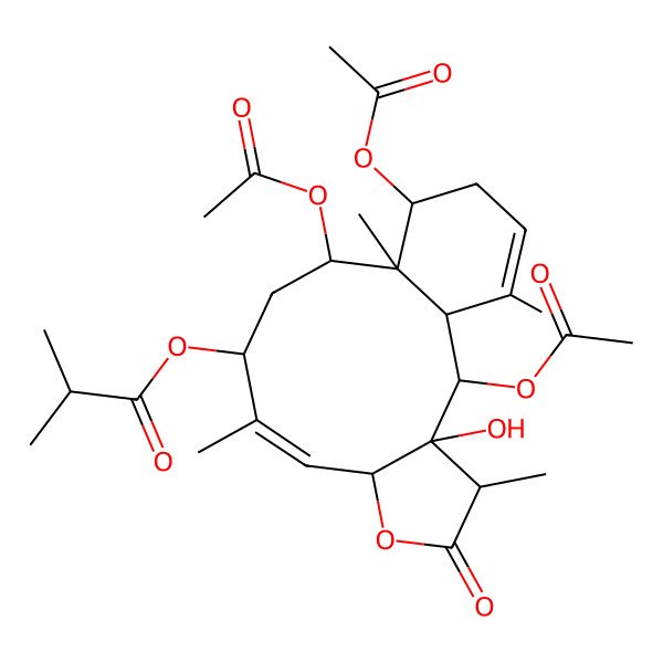 2D Structure of [(1S,2R,3R,4R,7S,8Z,10R,12S,13R,14S)-2,12,14-triacetyloxy-3-hydroxy-4,9,13,17-tetramethyl-5-oxo-6-oxatricyclo[11.4.0.03,7]heptadeca-8,16-dien-10-yl] 2-methylpropanoate