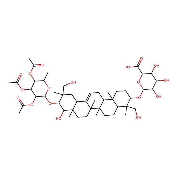 2D Structure of (2S,3S,4S,5R,6R)-6-[[(3S,4R,4aR,6aR,6bS,8aR,9S,10R,11R,12aS,14aR,14bR)-9-hydroxy-4,11-bis(hydroxymethyl)-4,6a,6b,8a,11,14b-hexamethyl-10-[(2S,3R,4R,5S,6S)-3,4,5-triacetyloxy-6-methyloxan-2-yl]oxy-1,2,3,4a,5,6,7,8,9,10,12,12a,14,14a-tetradecahydropicen-3-yl]oxy]-3,4,5-trihydroxyoxane-2-carboxylic acid