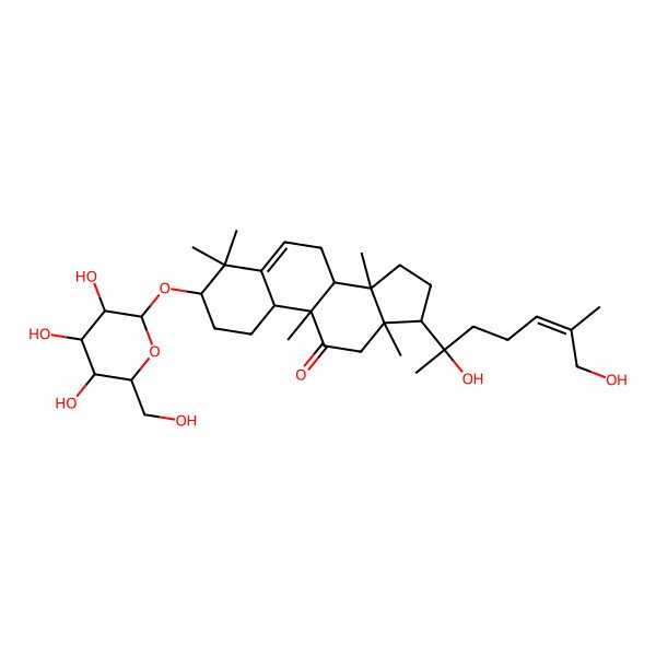 2D Structure of (3S,8S,9R,10R,13R,14S,17S)-17-[(E,2S)-2,7-dihydroxy-6-methylhept-5-en-2-yl]-4,4,9,13,14-pentamethyl-3-[(2R,3R,4S,5S,6R)-3,4,5-trihydroxy-6-(hydroxymethyl)oxan-2-yl]oxy-1,2,3,7,8,10,12,15,16,17-decahydrocyclopenta[a]phenanthren-11-one