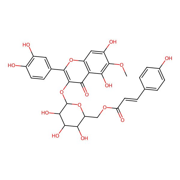 2D Structure of [6-[2-(3,4-Dihydroxyphenyl)-5,7-dihydroxy-6-methoxy-4-oxochromen-3-yl]oxy-3,4,5-trihydroxyoxan-2-yl]methyl 3-(4-hydroxyphenyl)prop-2-enoate