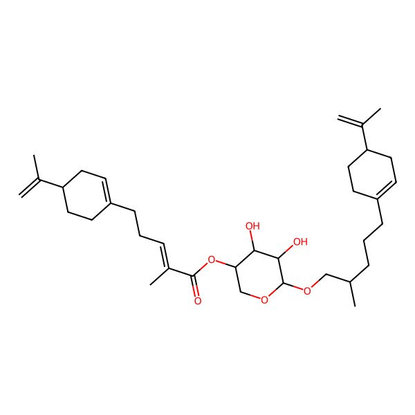 2D Structure of [(3R,4R,5R,6R)-4,5-dihydroxy-6-[(2R)-2-methyl-5-[(4R)-4-prop-1-en-2-ylcyclohexen-1-yl]pentoxy]oxan-3-yl] (E)-2-methyl-5-[(4R)-4-prop-1-en-2-ylcyclohexen-1-yl]pent-2-enoate