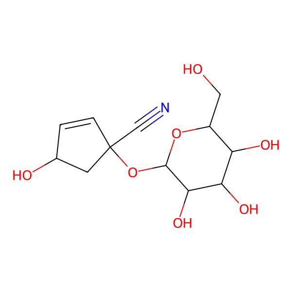 2D Structure of (1R,4R)-4-hydroxy-1-[(2S,3R,4S,5R,6R)-3,4,5-trihydroxy-6-(hydroxymethyl)oxan-2-yl]oxycyclopent-2-ene-1-carbonitrile