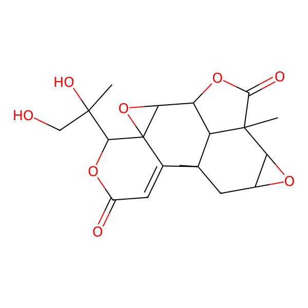 2D Structure of (1S,2R,4S,5R,10S,12S,14R,15R,18R)-5-[(2S)-1,2-dihydroxypropan-2-yl]-10,15-dimethyl-3,6,13,17-tetraoxahexacyclo[8.7.1.02,4.04,9.012,14.015,18]octadec-8-ene-7,16-dione