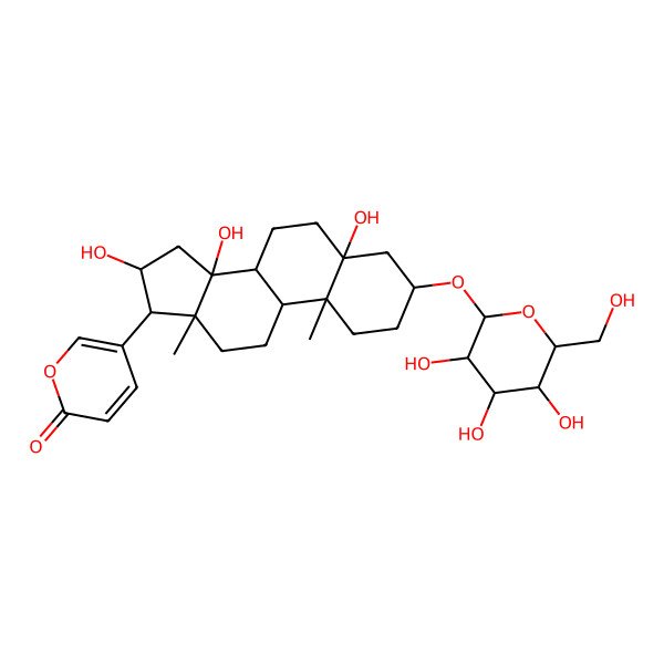 2D Structure of 5-[(3S,5S,8R,9S,10R,13R,14S,16S,17R)-5,14,16-trihydroxy-10,13-dimethyl-3-[(2R,3R,4S,5S,6R)-3,4,5-trihydroxy-6-(hydroxymethyl)oxan-2-yl]oxy-2,3,4,6,7,8,9,11,12,15,16,17-dodecahydro-1H-cyclopenta[a]phenanthren-17-yl]pyran-2-one
