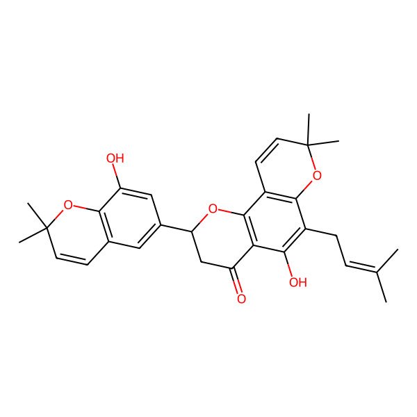 2D Structure of (2S)-5-hydroxy-2-(8-hydroxy-2,2-dimethylchromen-6-yl)-8,8-dimethyl-6-(3-methylbut-2-enyl)-2,3-dihydropyrano[2,3-h]chromen-4-one