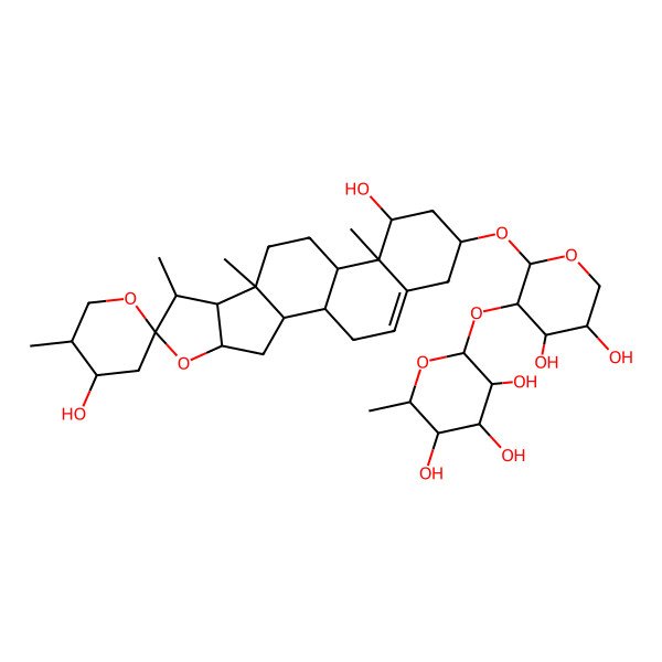 2D Structure of 2-[2-(4',14-Dihydroxy-5',7,9,13-tetramethylspiro[5-oxapentacyclo[10.8.0.02,9.04,8.013,18]icos-18-ene-6,2'-oxane]-16-yl)oxy-4,5-dihydroxyoxan-3-yl]oxy-6-methyloxane-3,4,5-triol