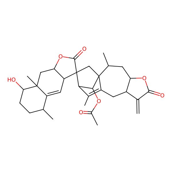 2D Structure of (8-hydroxy-2',5,8a,11'-tetramethyl-7'-methylidene-2,6'-dioxospiro[5,6,7,8,9,9a-hexahydro-3aH-benzo[f][1]benzofuran-3,13'-5-oxatetracyclo[10.2.1.01,10.04,8]pentadec-10-ene]-15'-yl) acetate