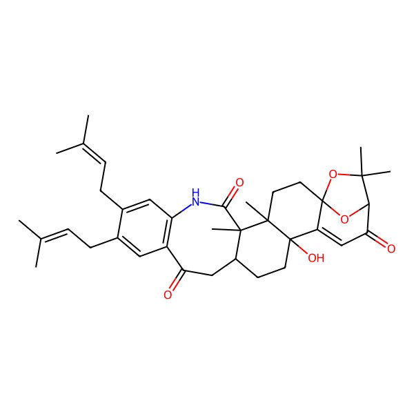 2D Structure of 19-Hydroxy-4,5,24,24-tetramethyl-10,11-bis(3-methylbut-2-enyl)-25,26-dioxa-7-azahexacyclo[21.2.1.01,20.04,19.05,16.08,13]hexacosa-8(13),9,11,20-tetraene-6,14,22-trione