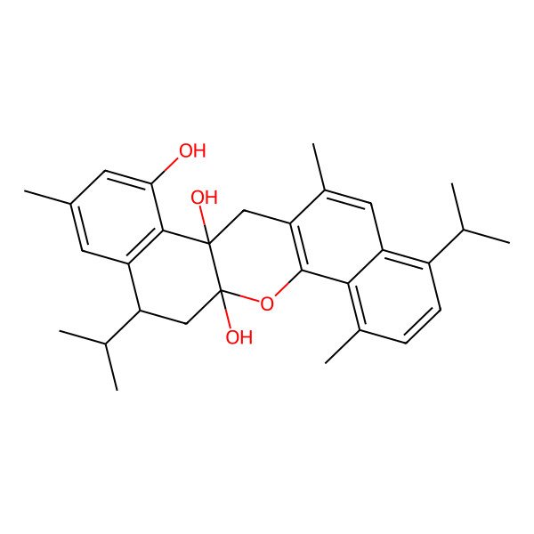 2D Structure of (1S,14S,21S)-5,11,18-trimethyl-8,21-di(propan-2-yl)-2-oxapentacyclo[12.8.0.03,12.04,9.015,20]docosa-3(12),4,6,8,10,15(20),16,18-octaene-1,14,16-triol