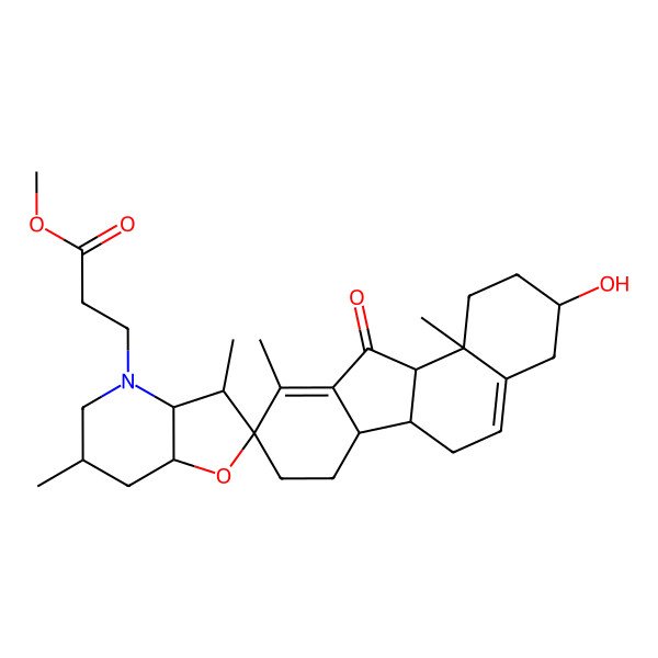 2D Structure of methyl 3-[(3S,3'R,3'aS,6'S,6aS,6bR,7'aR,9R,11aS,11bR)-3-hydroxy-3',6',10,11b-tetramethyl-11-oxospiro[1,2,3,4,6,6a,6b,7,8,11a-decahydrobenzo[a]fluorene-9,2'-3,3a,5,6,7,7a-hexahydrofuro[3,2-b]pyridine]-4'-yl]propanoate