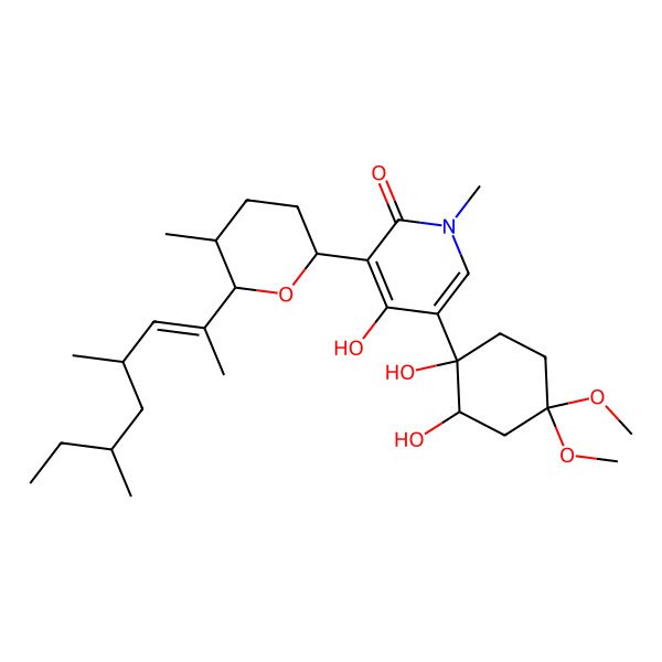 2D Structure of 5-(1,2-Dihydroxy-4,4-dimethoxycyclohexyl)-3-[6-(4,6-dimethyloct-2-en-2-yl)-5-methyloxan-2-yl]-4-hydroxy-1-methylpyridin-2-one