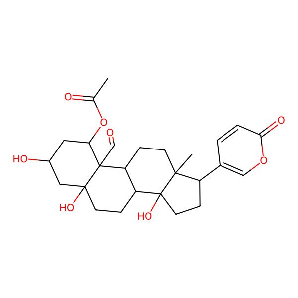 2D Structure of [10-formyl-3,5,14-trihydroxy-13-methyl-17-(6-oxopyran-3-yl)-2,3,4,6,7,8,9,11,12,15,16,17-dodecahydro-1H-cyclopenta[a]phenanthren-1-yl] acetate