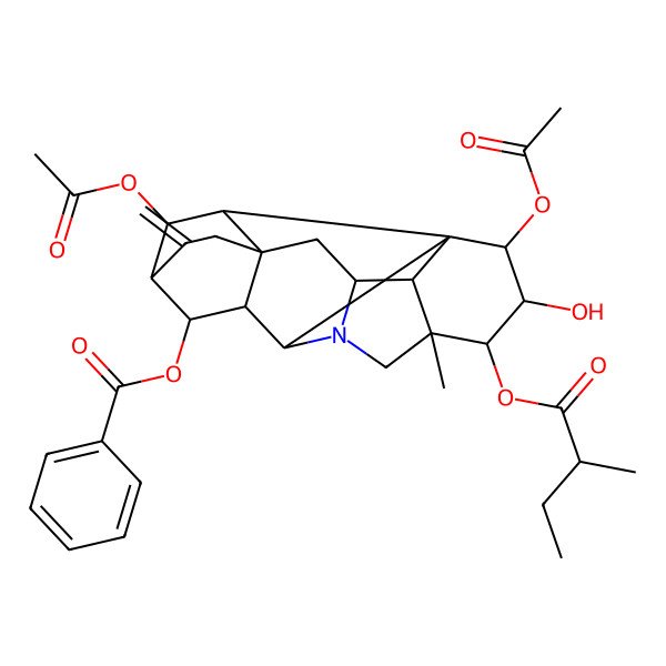 2D Structure of [(1S,2S,3S,4S,5S,8S,9R,10R,11S,14S,16R,17S,18S,19S)-2,19-diacetyloxy-3-hydroxy-5-methyl-4-[(2S)-2-methylbutanoyl]oxy-12-methylidene-7-azaheptacyclo[9.6.2.01,8.05,17.07,16.09,14.014,18]nonadecan-10-yl] benzoate