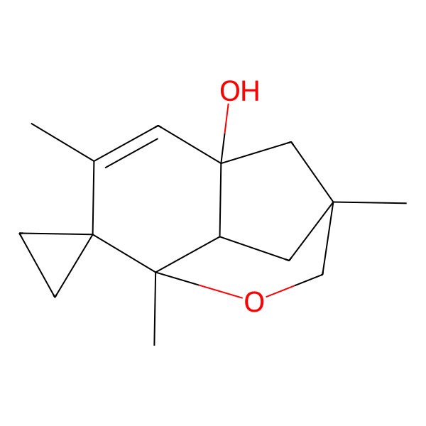 2D Structure of 1,4,6-Trimethylspiro[3-oxatricyclo[6.2.1.04,9]undec-6-ene-5,1'-cyclopropane]-8-ol