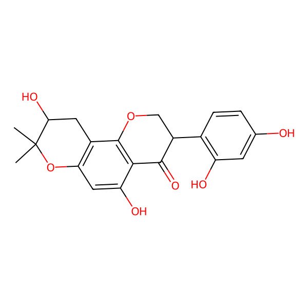 2D Structure of (3R,9S)-3-(2,4-dihydroxyphenyl)-5,9-dihydroxy-8,8-dimethyl-2,3,9,10-tetrahydropyrano[2,3-h]chromen-4-one