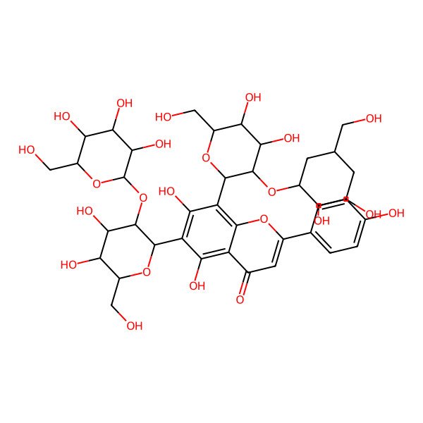 2D Structure of 8-[(3S,4S,5S)-3-[(2S,3S)-2,3-dihydroxy-5-(hydroxymethyl)cyclohexyl]oxy-4,5-dihydroxy-6-(hydroxymethyl)oxan-2-yl]-6-[(3S,4S,5S)-4,5-dihydroxy-6-(hydroxymethyl)-3-[(3S,4S)-3,4,5-trihydroxy-6-(hydroxymethyl)oxan-2-yl]oxyoxan-2-yl]-5,7-dihydroxy-2-(4-hydroxyphenyl)chromen-4-one