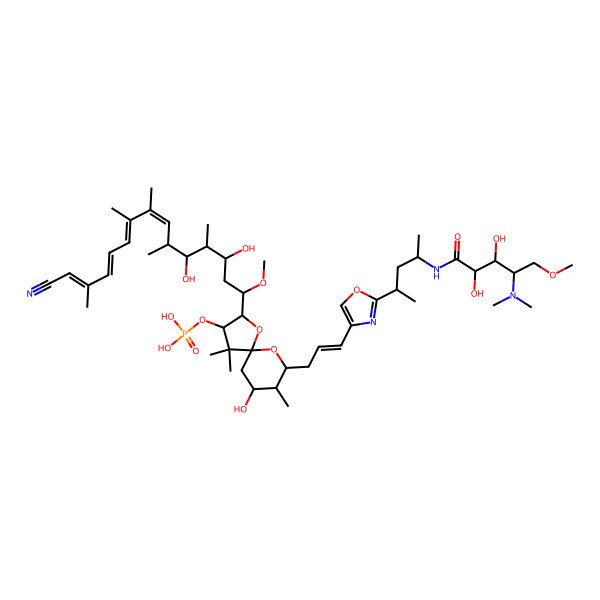 2D Structure of [(2S,3S,5R,7S,8R,9R)-2-[(1R,3R,4R,5S,6S,7E,9E,11Z,13Z)-14-cyano-3,5-dihydroxy-1-methoxy-4,6,8,9,13-pentamethyltetradeca-7,9,11,13-tetraenyl]-9-[(E)-3-[2-[(2R,4S)-4-[[(2R,3R,4R)-4-(dimethylamino)-2,3-dihydroxy-5-methoxypentanoyl]amino]pentan-2-yl]-1,3-oxazol-4-yl]prop-2-enyl]-7-hydroxy-4,4,8-trimethyl-1,10-dioxaspiro[4.5]decan-3-yl] dihydrogen phosphate