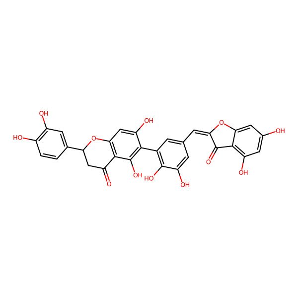 2D Structure of 6-[5-[(4,6-Dihydroxy-3-oxo-1-benzofuran-2-ylidene)methyl]-2,3-dihydroxyphenyl]-2-(3,4-dihydroxyphenyl)-5,7-dihydroxy-2,3-dihydrochromen-4-one