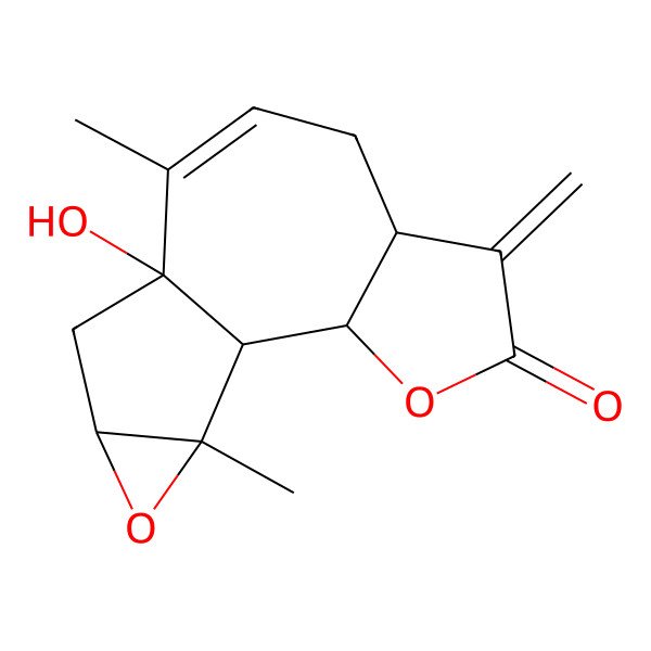 2D Structure of (1R,2S,6S,10S,12R,14S)-10-hydroxy-9,14-dimethyl-5-methylidene-3,13-dioxatetracyclo[8.4.0.02,6.012,14]tetradec-8-en-4-one