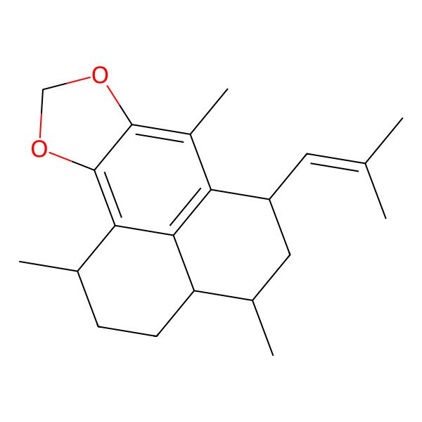 2D Structure of 1,4,7-trimethyl-6-(2-methylprop-1-enyl)-2,3,3a,4,5,6-hexahydro-1H-phenaleno[1,2-d][1,3]dioxole