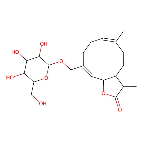 2D Structure of (3S,3aS,6E,11aS)-3,6-dimethyl-10-[[(2R,3R,4S,5S,6R)-3,4,5-trihydroxy-6-(hydroxymethyl)oxan-2-yl]oxymethyl]-3a,4,5,8,9,11a-hexahydro-3H-cyclodeca[b]furan-2-one
