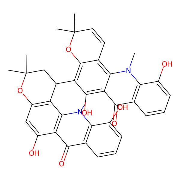 2D Structure of 5-[(1S)-6,11-dihydroxy-3,3,12-trimethyl-7-oxo-1,2-dihydropyrano[2,3-c]acridin-1-yl]-6,11-dihydroxy-3,3,12-trimethylpyrano[2,3-c]acridin-7-one