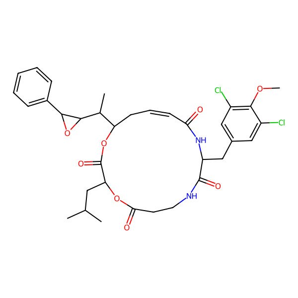 2D Structure of 10-[(3,5-Dichloro-4-methoxyphenyl)methyl]-3-(2-methylpropyl)-16-[1-(3-phenyloxiran-2-yl)ethyl]-1,4-dioxa-8,11-diazacyclohexadec-13-ene-2,5,9,12-tetrone