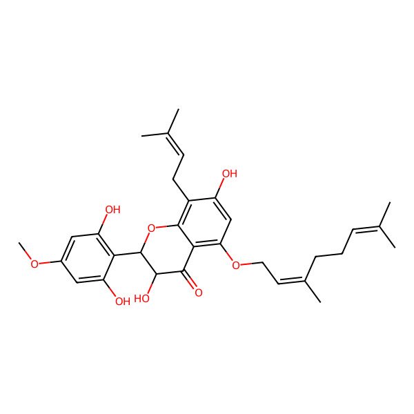 2D Structure of (2R,3R)-2-(2,6-dihydroxy-4-methoxyphenyl)-5-[(2E)-3,7-dimethylocta-2,6-dienoxy]-3,7-dihydroxy-8-(3-methylbut-2-enyl)-2,3-dihydrochromen-4-one
