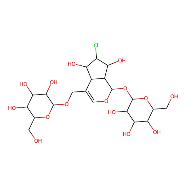 2D Structure of (2R,3R,4S,5S,6R)-2-[[(1S,4aS,5S,6R,7R,7aS)-6-chloro-5,7-dihydroxy-1-[(2S,3R,4S,5S,6R)-3,4,5-trihydroxy-6-(hydroxymethyl)oxan-2-yl]oxy-1,4a,5,6,7,7a-hexahydrocyclopenta[c]pyran-4-yl]methoxy]-6-(hydroxymethyl)oxane-3,4,5-triol
