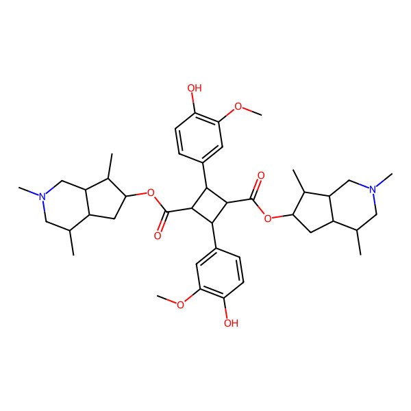 2D Structure of Bis(2,4,7-trimethyl-1,3,4,4a,5,6,7,7a-octahydrocyclopenta[c]pyridin-6-yl) 2,4-bis(4-hydroxy-3-methoxyphenyl)cyclobutane-1,3-dicarboxylate