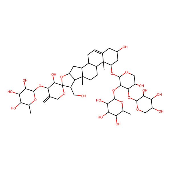 2D Structure of 2-[2-[3',16-Dihydroxy-7-(hydroxymethyl)-9,13-dimethyl-5'-methylidene-4'-(3,4,5-trihydroxy-6-methyloxan-2-yl)oxyspiro[5-oxapentacyclo[10.8.0.02,9.04,8.013,18]icos-18-ene-6,2'-oxane]-14-yl]oxy-5-hydroxy-4-(3,4,5-trihydroxyoxan-2-yl)oxyoxan-3-yl]oxy-6-methyloxane-3,4,5-triol