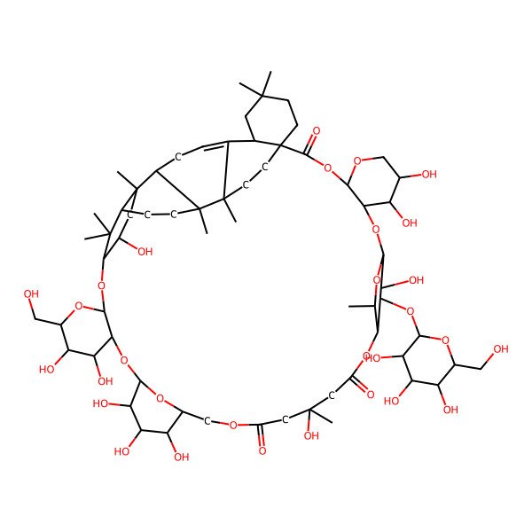 2D Structure of (1S,4S,7S,8S,9R,11S,13S,14S,18R,23R,24R,25S,26R,27S,29R,30S,31S,32R,34R,36R,37S,39R,40R,43R,44R,48S,55S,58S,59R)-7,8,18,24,25,26,30,31,37,59-decahydroxy-32-(hydroxymethyl)-13,18,39,43,50,50,55,56,56-nonamethyl-58-[(2S,3R,4S,5S,6R)-3,4,5-trihydroxy-6-(hydroxymethyl)oxan-2-yl]oxy-3,5,10,12,15,21,28,33,35,57-decaoxadecacyclo[41.9.3.211,14.123,27.136,40.01,48.04,9.029,34.039,44.047,55]nonapentacont-46-ene-2,16,20-trione