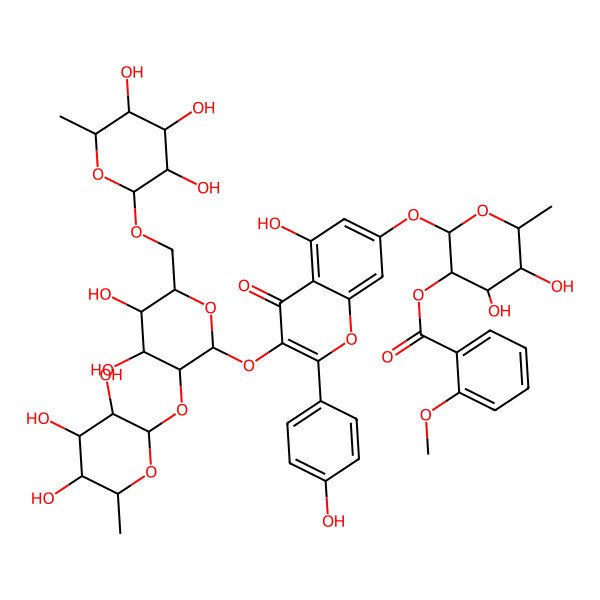 2D Structure of [(2S,3R,4R,5R,6S)-2-[3-[(2S,3R,4S,5R,6R)-4,5-dihydroxy-3-[(2R,3R,4R,5R,6S)-3,4,5-trihydroxy-6-methyloxan-2-yl]oxy-6-[[(2R,3R,4R,5R,6S)-3,4,5-trihydroxy-6-methyloxan-2-yl]oxymethyl]oxan-2-yl]oxy-5-hydroxy-2-(4-hydroxyphenyl)-4-oxochromen-7-yl]oxy-4,5-dihydroxy-6-methyloxan-3-yl] 2-methoxybenzoate